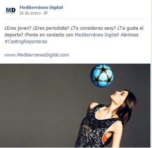 Anuncio de Mediterráneo Digital en el que se busca una reportera joven y sexy: Facebook.