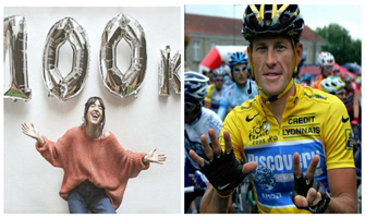 Almudena Ripamonti (Instagram) y Lance Armstrong (AFP). Ambos celebran falsas victorias.