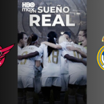 Cartel del documental "Un sueño Real" junto al escudo del Tacón (izquierda) y del Real Madrid (derecha).