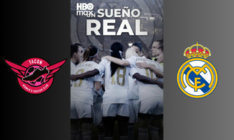 Cartel del documental "Un sueño Real" junto al escudo del Tacón (izquierda) y del Real Madrid (derecha).