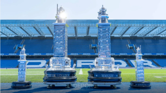 El trofeo Teresa Herrera representa la Torre de Hércules: Real Club Deportivo de A Coruña.